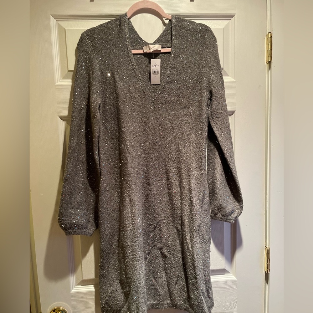 LOFT Shimmering Gray Long Sleeve Dress